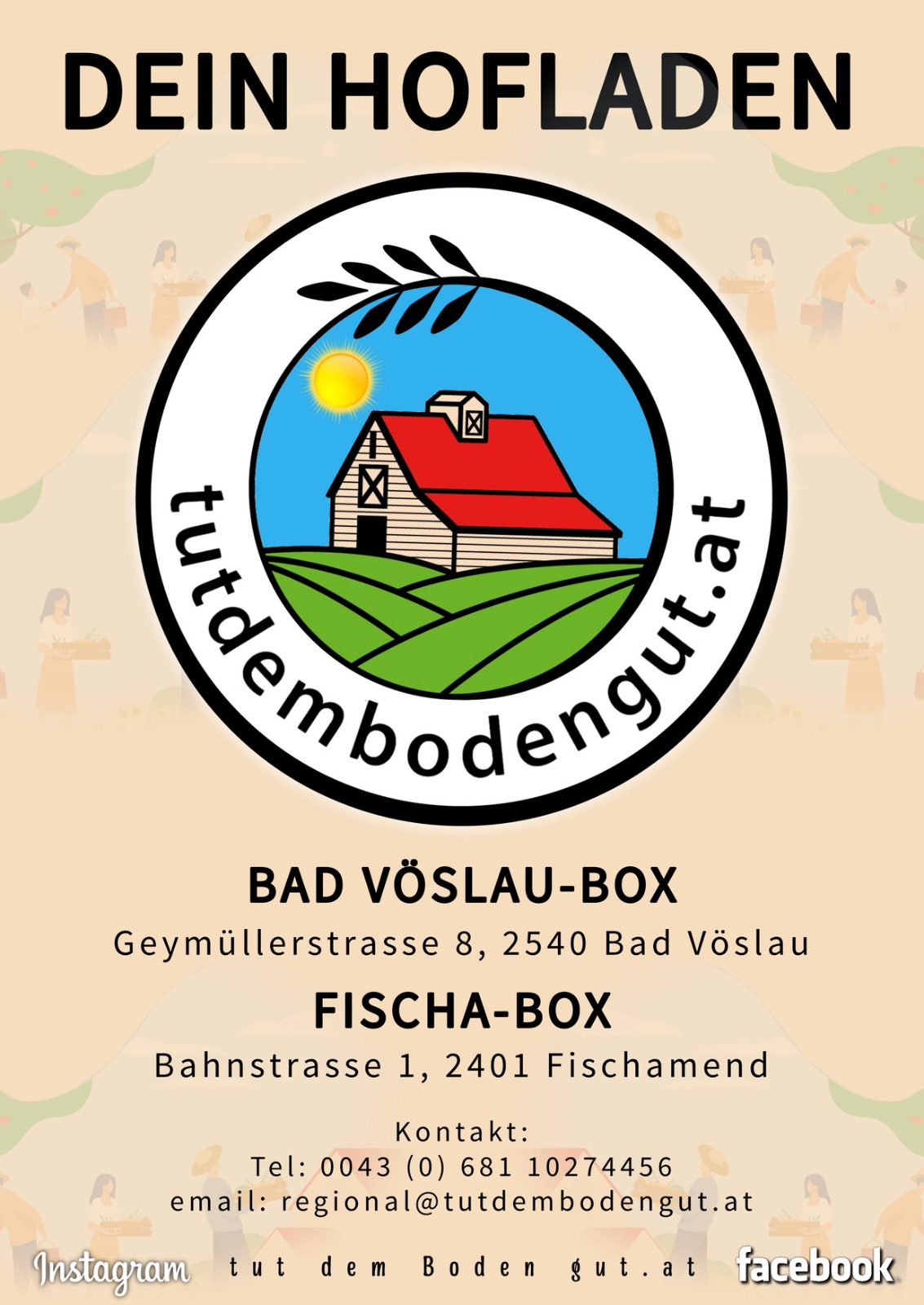 Bioladen in Bad Vöslau und Fischamend. Dein Hofladen um die Ecke. Direkt vom Bauern. Frische Produkte. Regional und Saisonal. Gesundes Sortiment. Selbstbedienung. Nahversorger in Bad Vöslau und Fischamend. Tut dem Boden Gut!